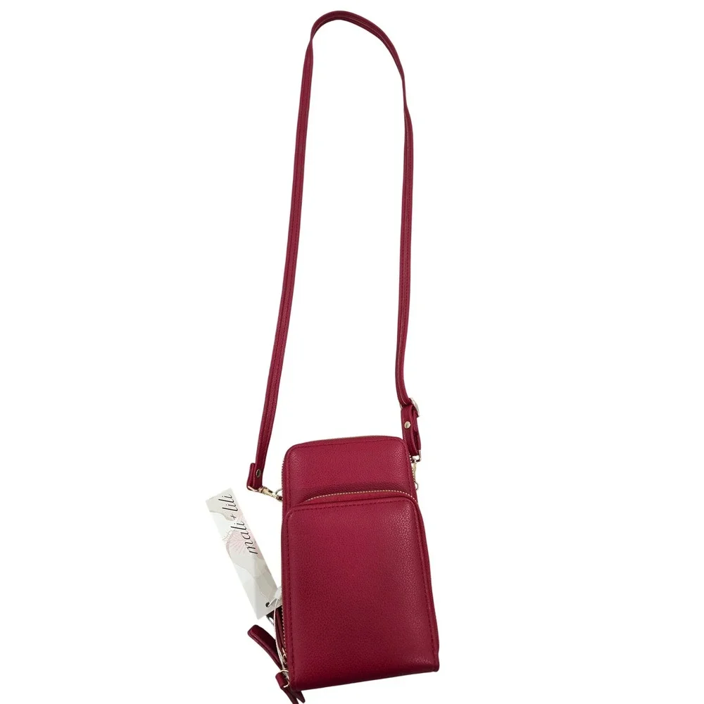 Mali Lilu Red Faux Leather Crossbody Phone‎ Wallet Bag with Gold Zippers